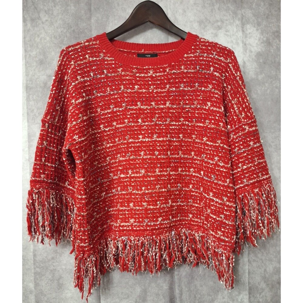 Womens Tweed Fringe Boucle Top Large Red Coquette Old Money Casual Winter Twee